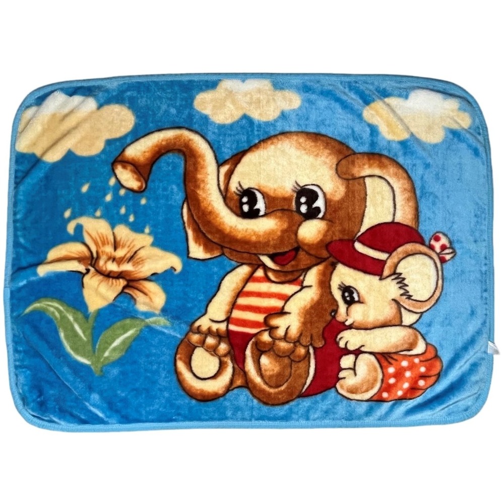 Elephant Mouse Watering Flower Baby Blanket Plush Blue Soft Vintage